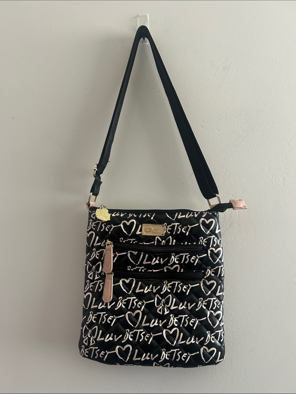 Betsey Johnson Black Crossbody Bag with Pink Trim and Gold Hardware